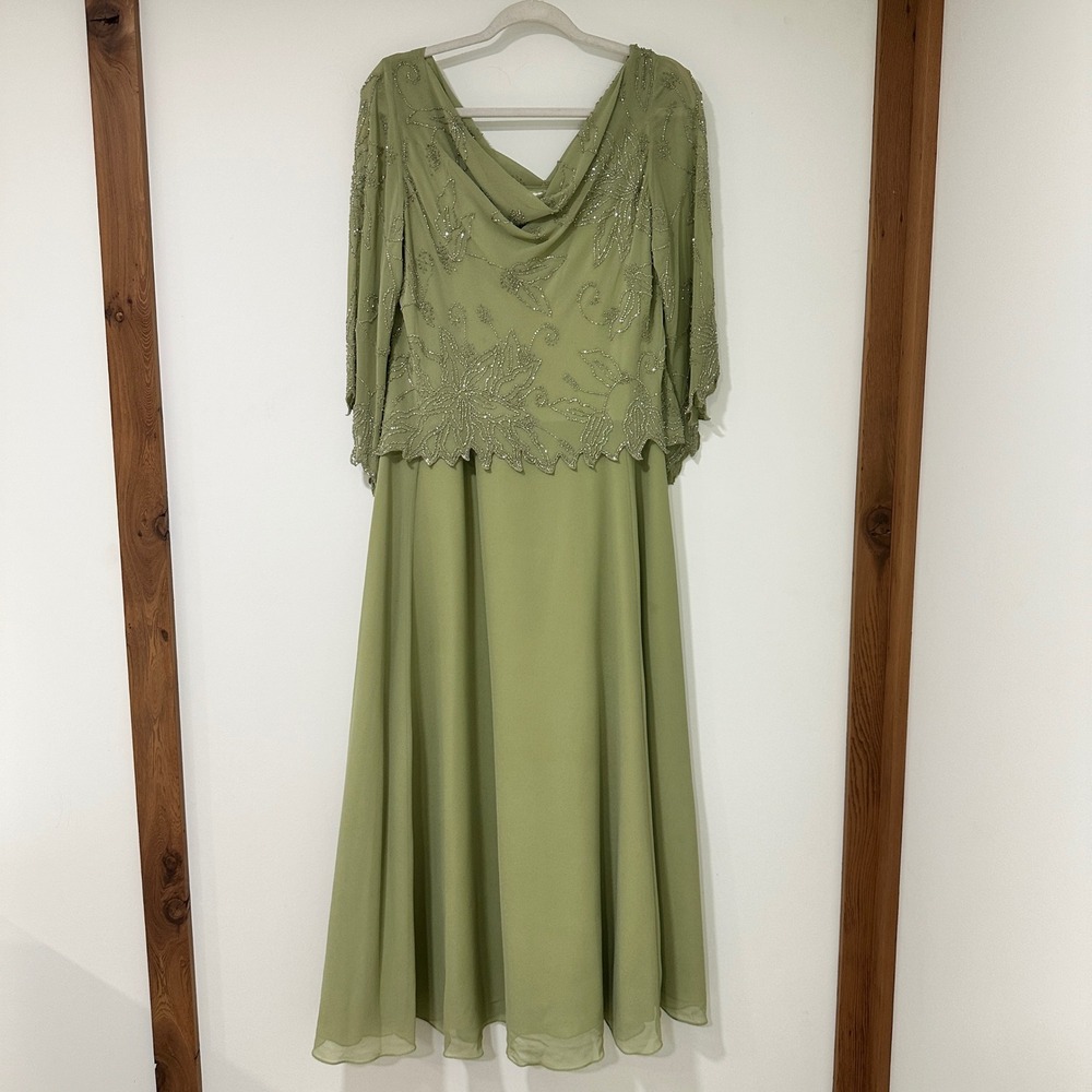 JKara New York Beaded Dress Women 16P Sage Green Chiffon Formal Mother Bride